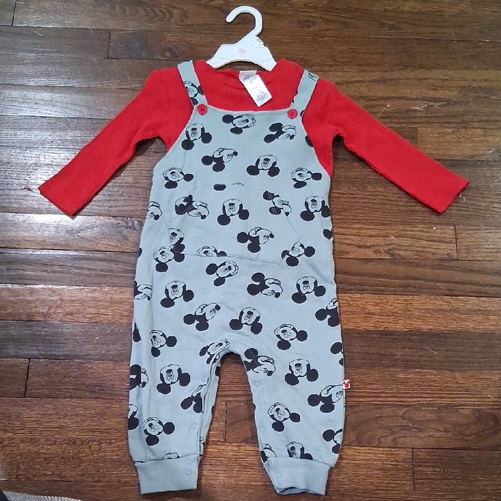 Disney Gray Mickey Mouse Overall Romper with Red Top